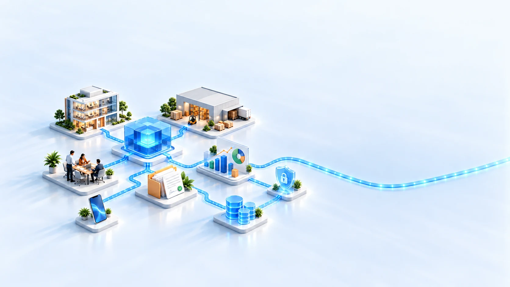 Các bộ phận, thiết bị, dữ liệu và bảo mật kết nối trong cùng một cảnh ERP